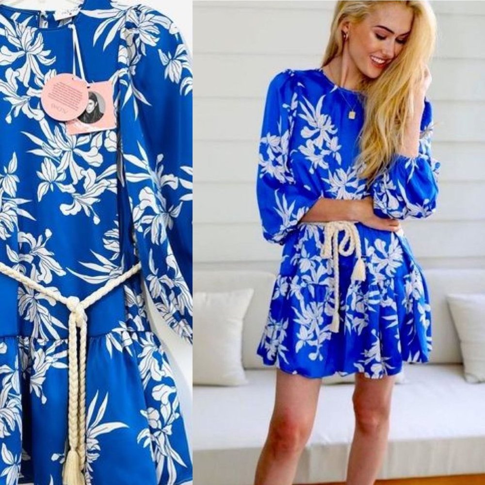 Alexis Blue Mini Dress XS Floral Print Rope Belt Swing Long Sleeve Satin New